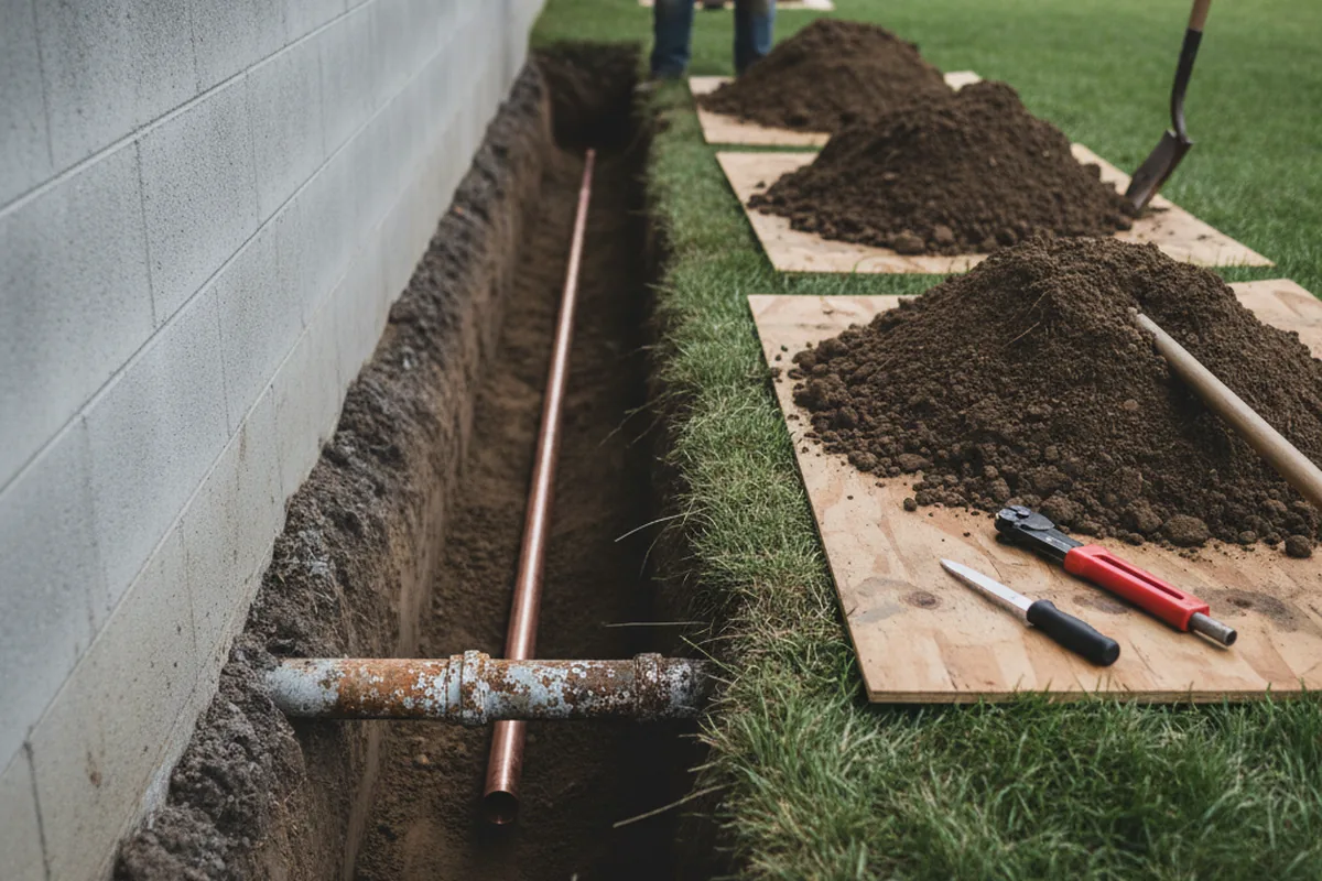 Excavated water line trench during Water Softener Installation in Mine Hill